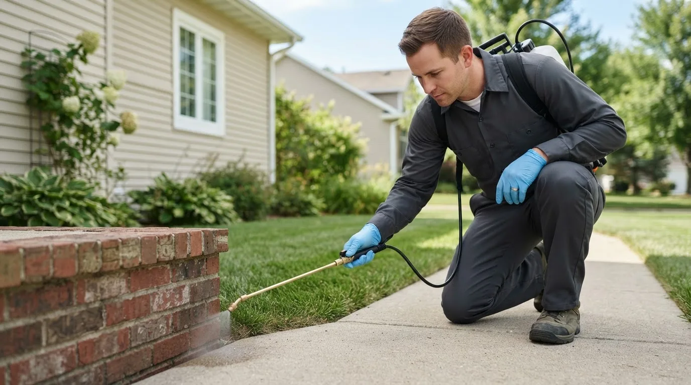 Pest control technician treating a home near Oxford, AL